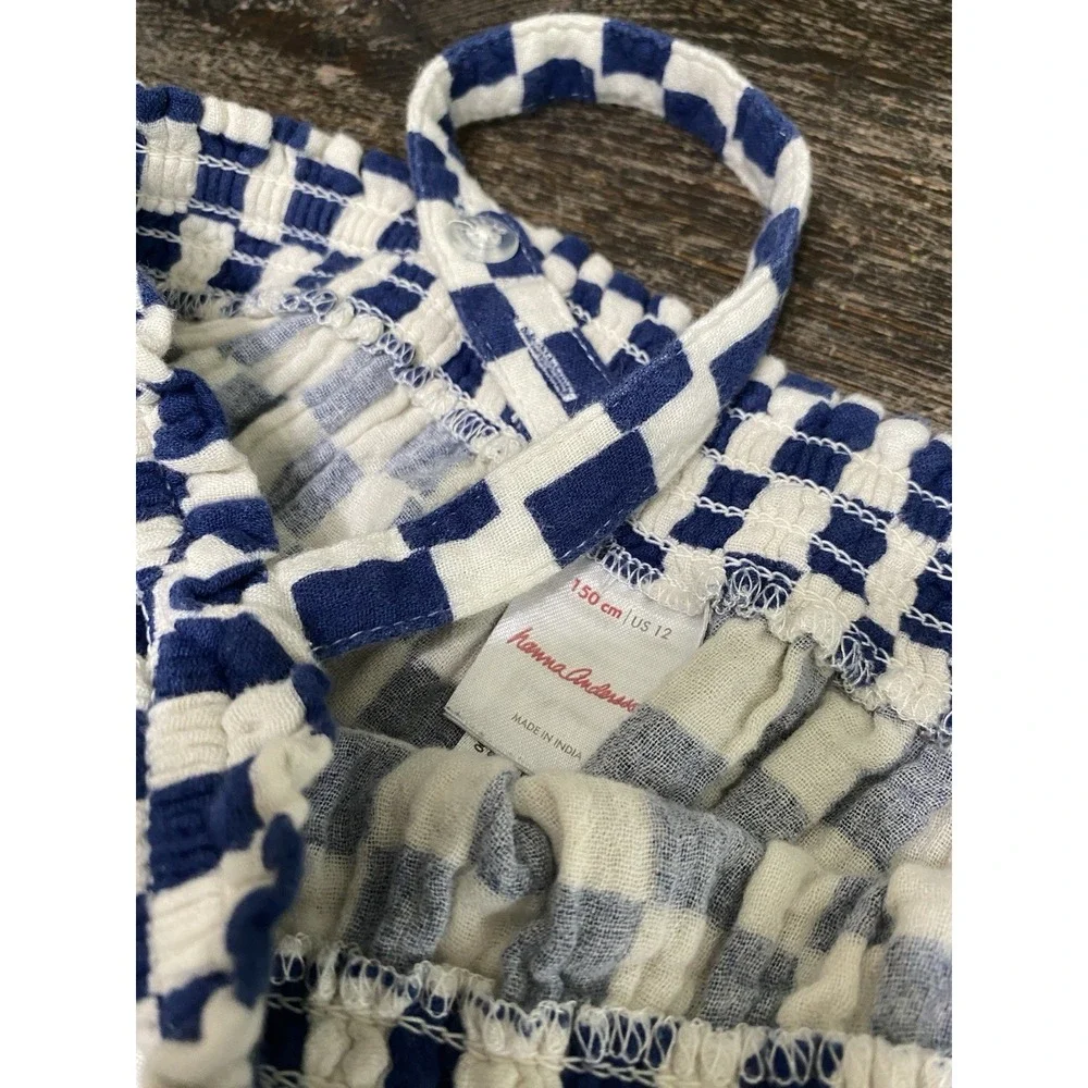 2PC Hanna Andersson Smocked Cami Top & Wide Leg Pant Set Navy White Check 10/12